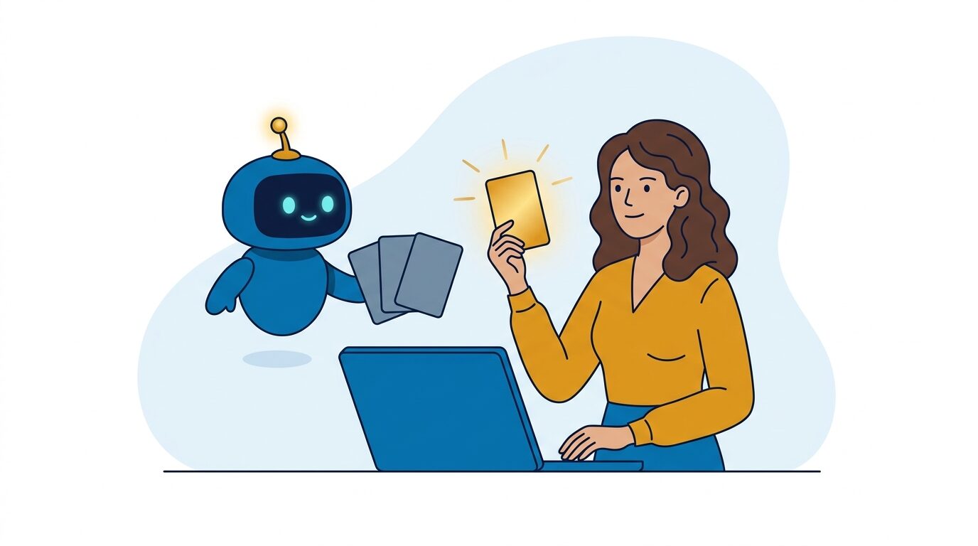 خبيرة محتوى تختار البطاقة الذهبية المتميّزة من بين مخرجات ذكاء اصطناعي متشابهة، تجسيداً لمهارة التمييز